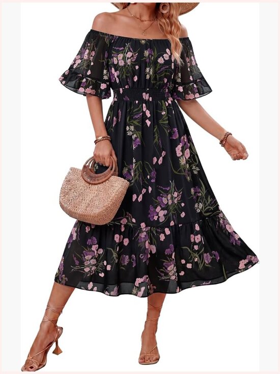 Dresses & Skirts - Off Shoulder Midi Dress Ruffle Sleeve Smocked Elastic Waist Flowy Boho